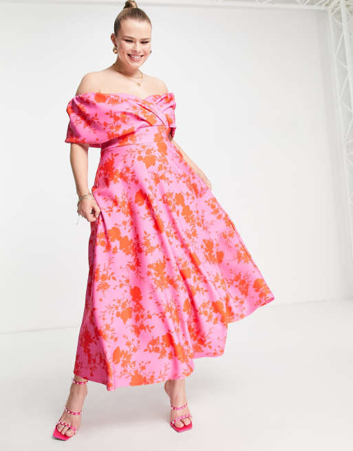 True Violet Plus off the shoulder prom midi dress in pink and red floral, 3 of 4
