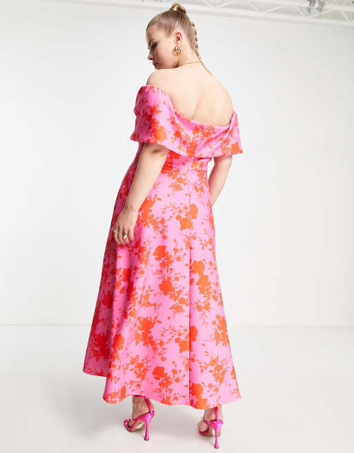 True Violet Plus off the shoulder prom midi dress in pink and red floral, 4 of 4