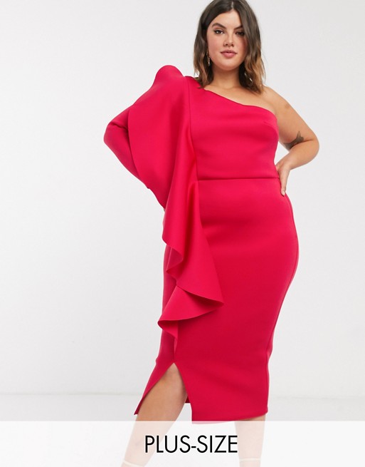 True Violet Plus one shoulder midi dess with frill detail in deep fuchsia