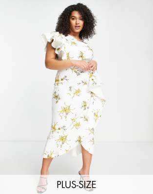 True Violet Plus one shoulder midi dress in ochre floral - ASOS Price Checker