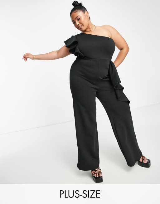 True Violet Plus one shoulder wide leg jumpsuit in black ASOS