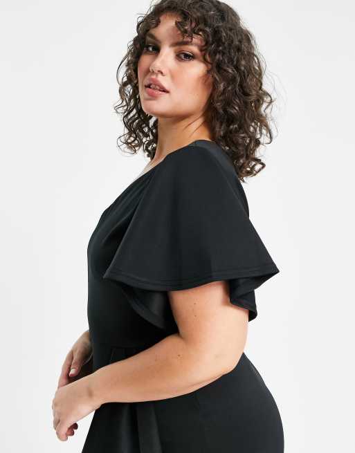 True Violet Plus one shoulder wrap front midi dress in black, 3 of 4