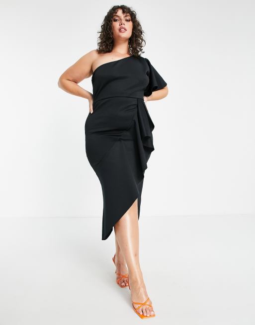 True Violet Plus one shoulder wrap front midi dress in black, 4 of 4
