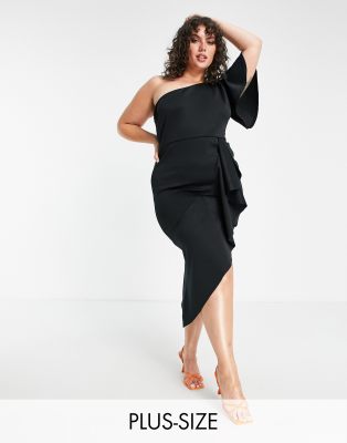 True Violet Plus one shoulder wrap front midi dress in black - ASOS Price Checker