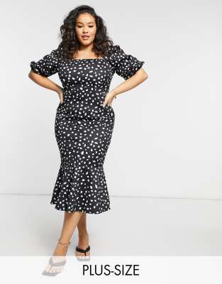 True Violet Plus square neck puff sleeve fishtail midi dress in black spot print