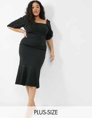 True Violet Plus square neck puff sleeve fishtail midi dress in black