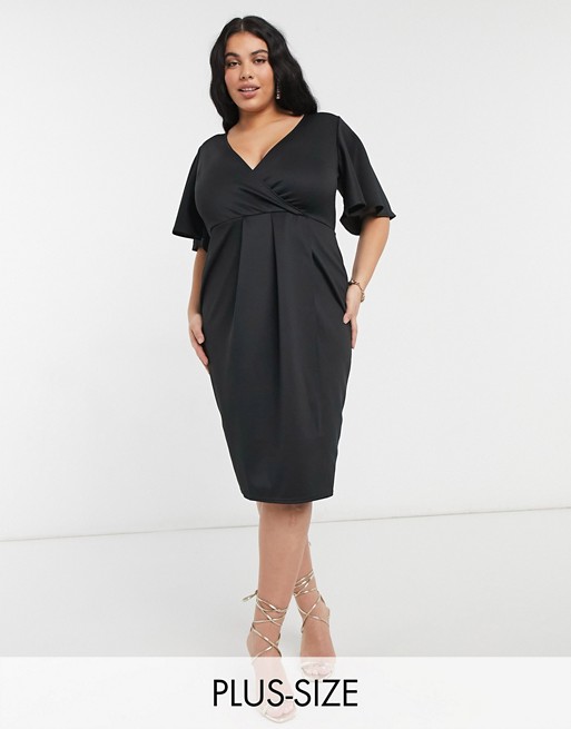 True Violet Plus wrap front midi dress with angel sleeve in black