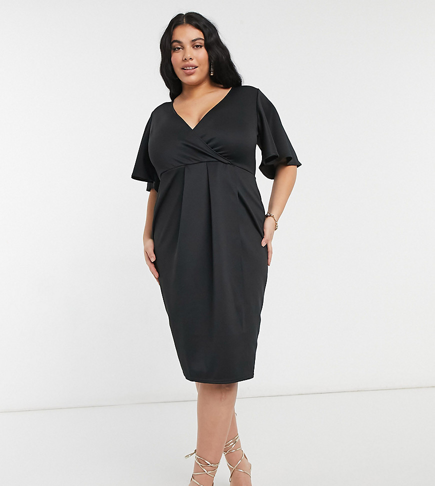 True Violet Plus wrap front midi dress with angel sleeve in black