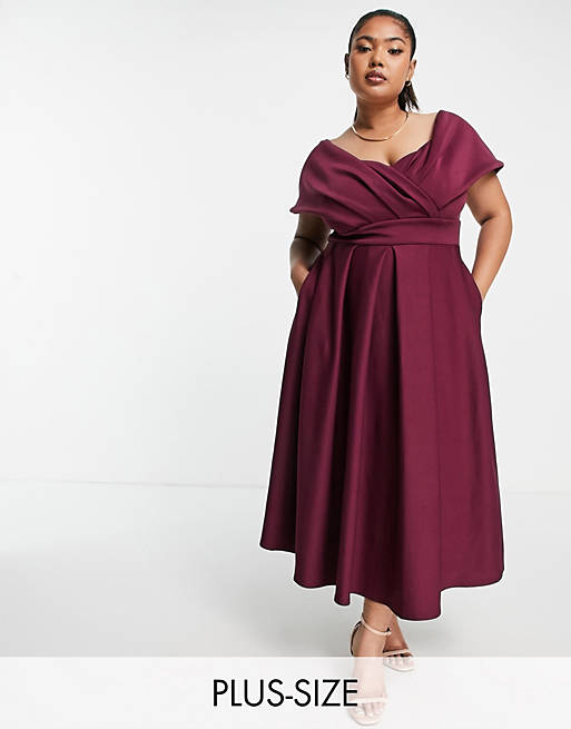 True Violet Plus wrap shoulder midi prom dress in plum