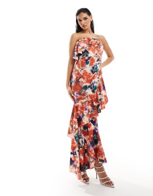 True Violet Premium Bandeau Ruffle Tiered Maxi Dress In Orange Floral