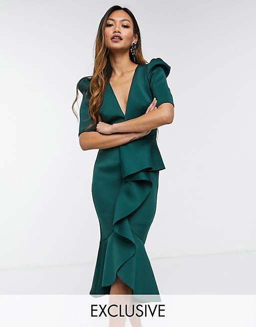 Infrastructure-intelligenceShops | True puff shoulder plunge ruffle front midi dress in forest green | Great little vest to wear jeans and sandals