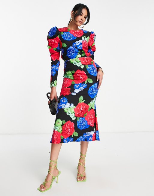 True Violet puff sleeve midi floral dress in rose print | ASOS