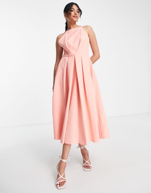 True Violet racer plunge midi dress in coral