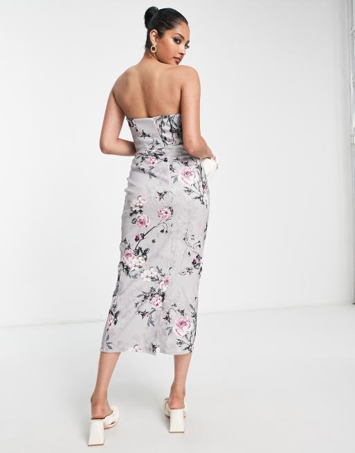 True Violet - Robe corset mi-longue à encolure bandeau et imprimé fleuri - Argenté/rose, 2 de 4