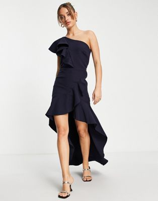 True Violet frill one shoulder high low maxi dress in navy - ASOS Price Checker