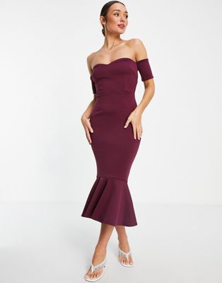 True Violet bardot fishtail midi dress in plum - ASOS Price Checker