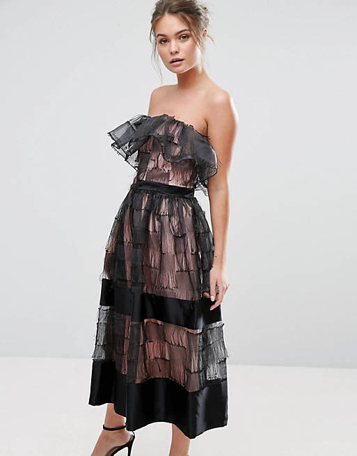 True Violet Ruffle 3D Texture Strapless Midi Dress