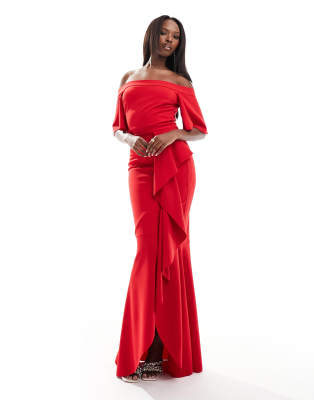 True Violet Ruffle Bardot Maxi Dress In Red