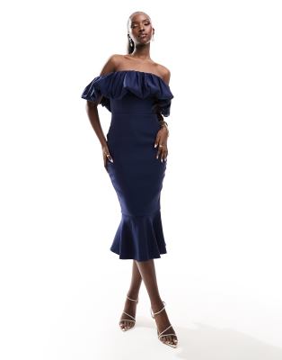 true violet ruffle midi dress in navy