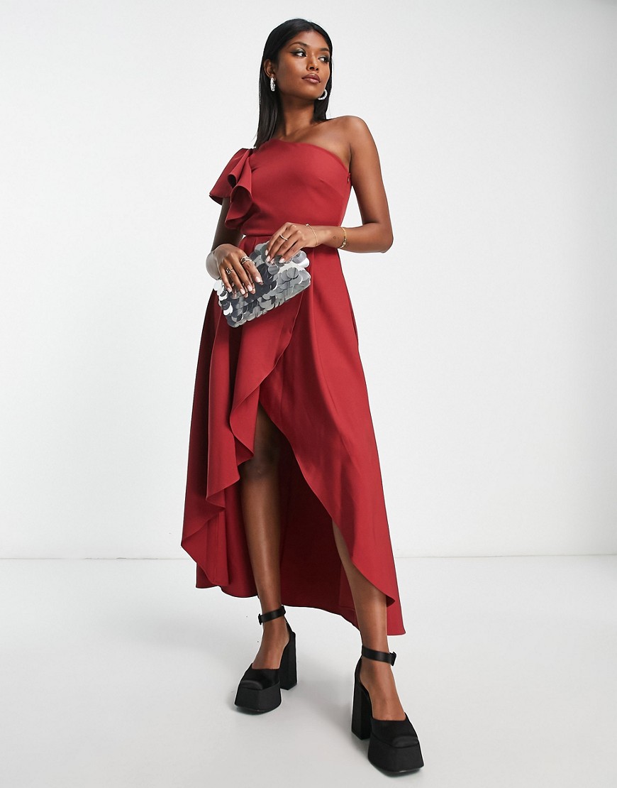 ruffle one-shoulder midaxi dress in wine-Red
