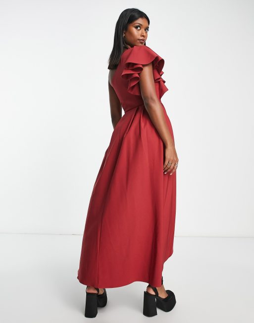 True Violet ruffle one shoulder midaxi dress in wine ASOS