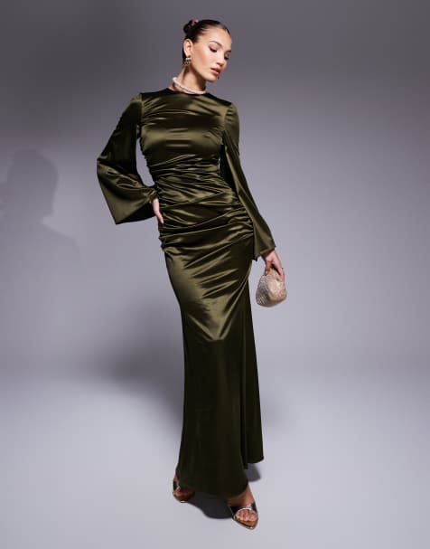 True Violet satin angel sleeve maxi dress in khaki - view 1