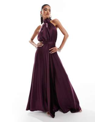 satin halter neck maxi dress in midnight plum-Purple