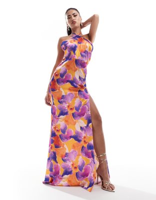 True Violet Satin Halterneck Maxi Dress In Dark Floral Print-multi