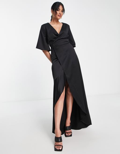 True Violet satin maxi wrap dress in black | ASOS