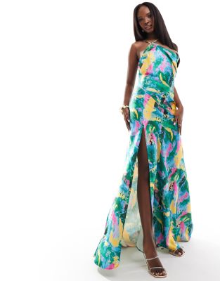 True Violet satin one shoulder slip maxi dress in abstract print-Multi