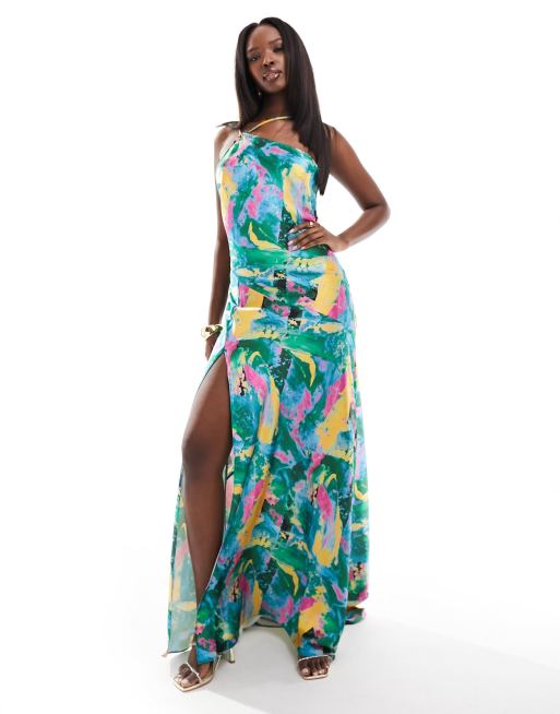 True Violet satin one shoulder slip maxi dress in abstract print