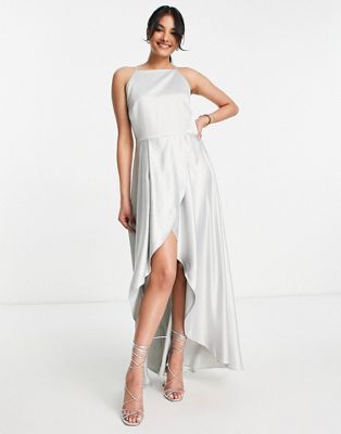 True Violet satin racer wrap high low with slit detail dress in silver
