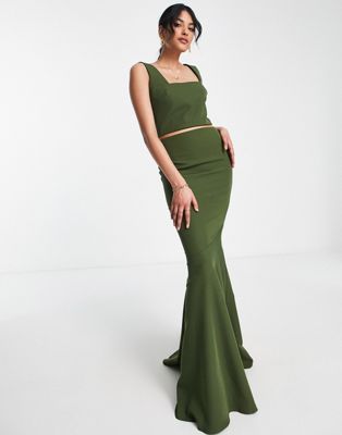 True Violet square neck crop top and fishtail maxi skirt set in khaki