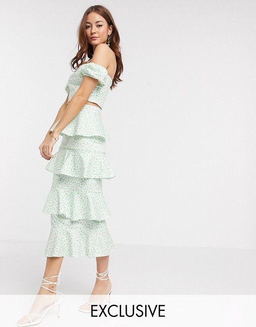 True Violet exclusive tiered ruffle midi skirt co ord in green fleck print