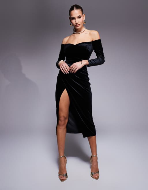 True Violet Velvet Bardot Long Sleeve Midaxi Dress with Thigh Split in Black