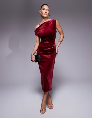 True Violet Velvet Drape Shoulder Midi Dress In Wine - Asos Midi Dress New In 28th October 2024