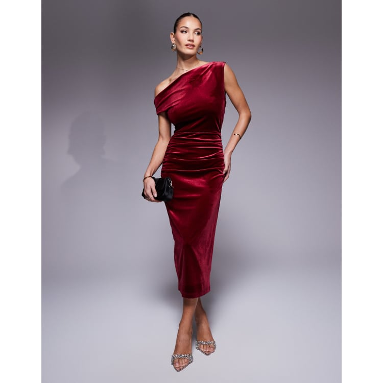 True Violet velvet drape shoulder midi dress in wine | ASOS