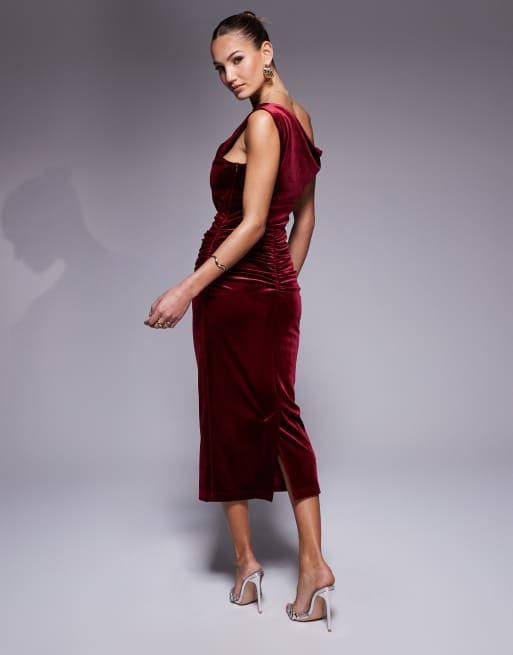True Violet velvet drape shoulder midi dress in wine | ASOS