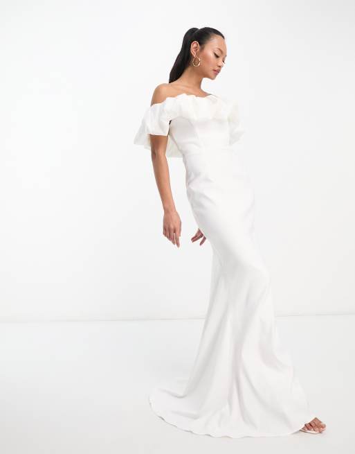 True Violet - Vestito da sposa lungo a sirena color avorio con scollo Bardot