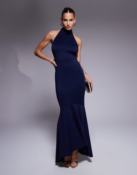 True Violet - Vestito lungo a sirena blu navy allacciato al collo - view 1