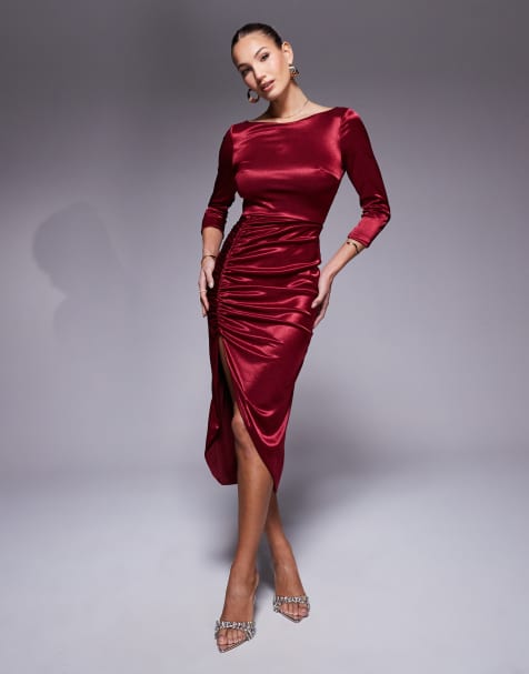 True Violet - Vestito midi a maniche lunghe sinuoso color bordeaux con arricciature - view 1