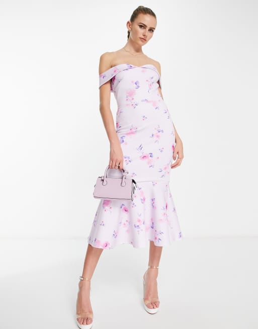 True Violet - Vestito midi a sirena con scollo alla Bardot lilla e rosa a fiori