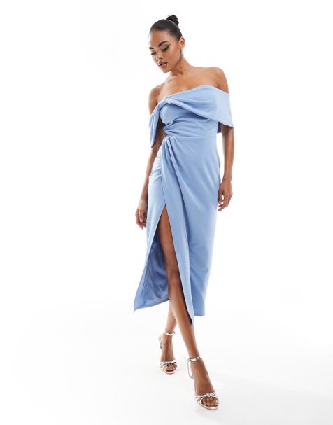 True Violet - Vestito midi blu crepuscolare con scollo alla Bardot - view 1