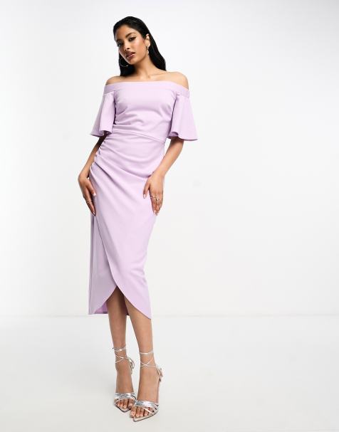 True Violet - Vestito midi con scollo Bardot, maniche e gonna a portafoglio lavanda - view 1