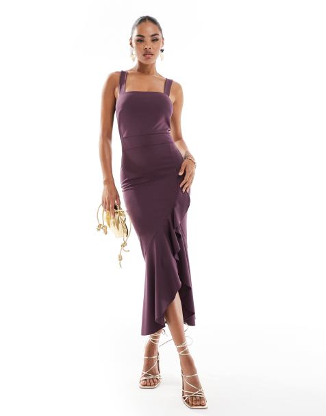 True Violet - Vestito midi con spalline sottili color prugna notte con scollo squadrato e volant sul davanti - view 1