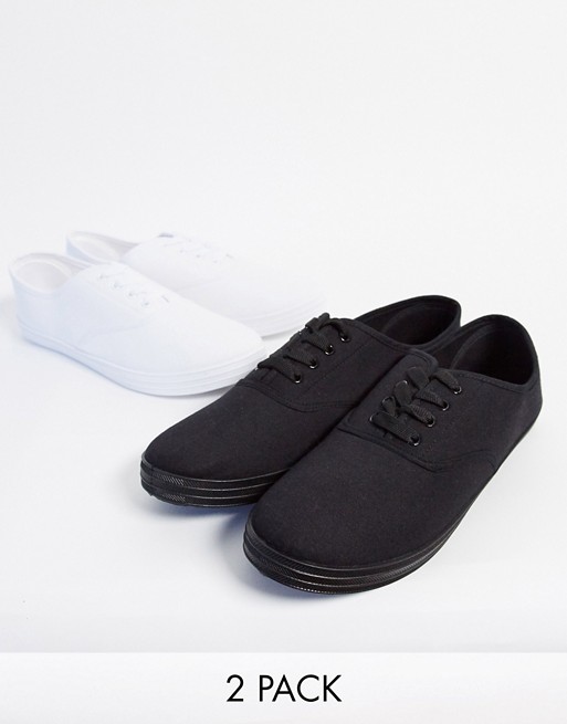 Truffle Collection 2 pack lace up plimsolls in black and white