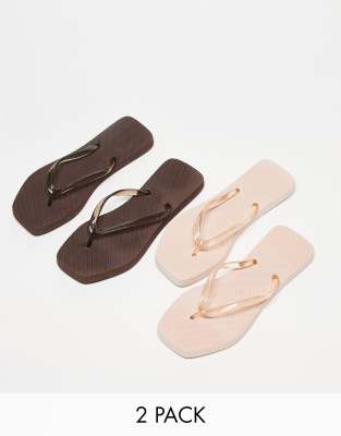 Truffle Collection - 2er-Pack Zehenstegsandalen in Beige und Braun mit eckiger Zehenpartie-Bunt