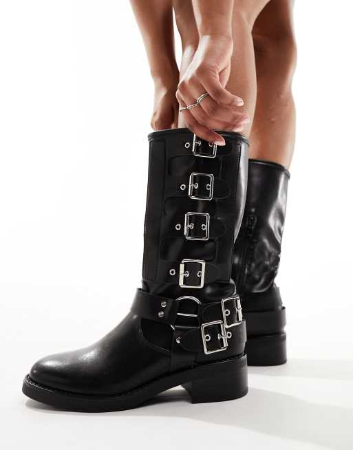 Truffle Collection biker knee boots with buckle detail in