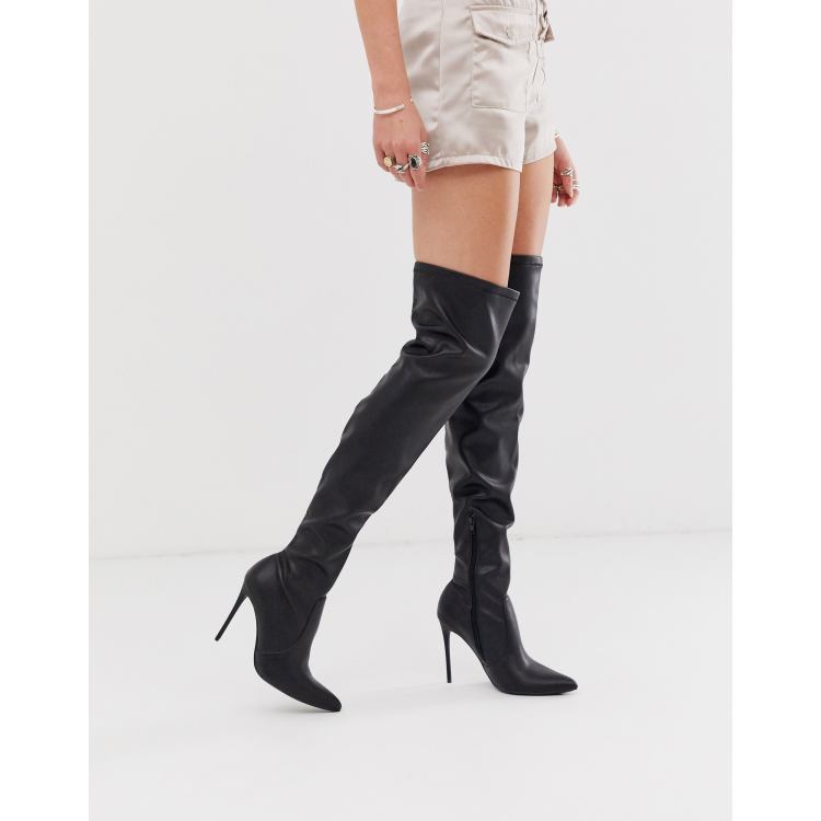 Truffle Collection black PU stretch over the knee heeled boots | ASOS