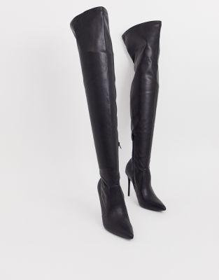 Truffle Collection black PU stretch over the knee heeled boots | ASOS